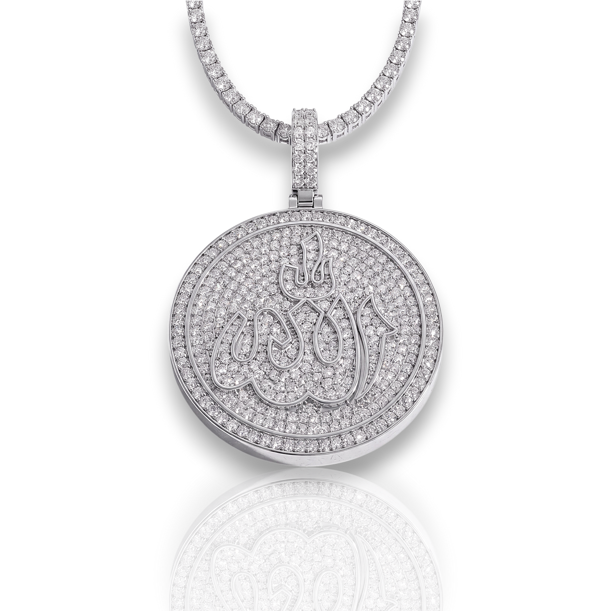 Aureline Iman necklace featuring a round pavé-set medallion with Arabic calligraphy in white gold vermeil.