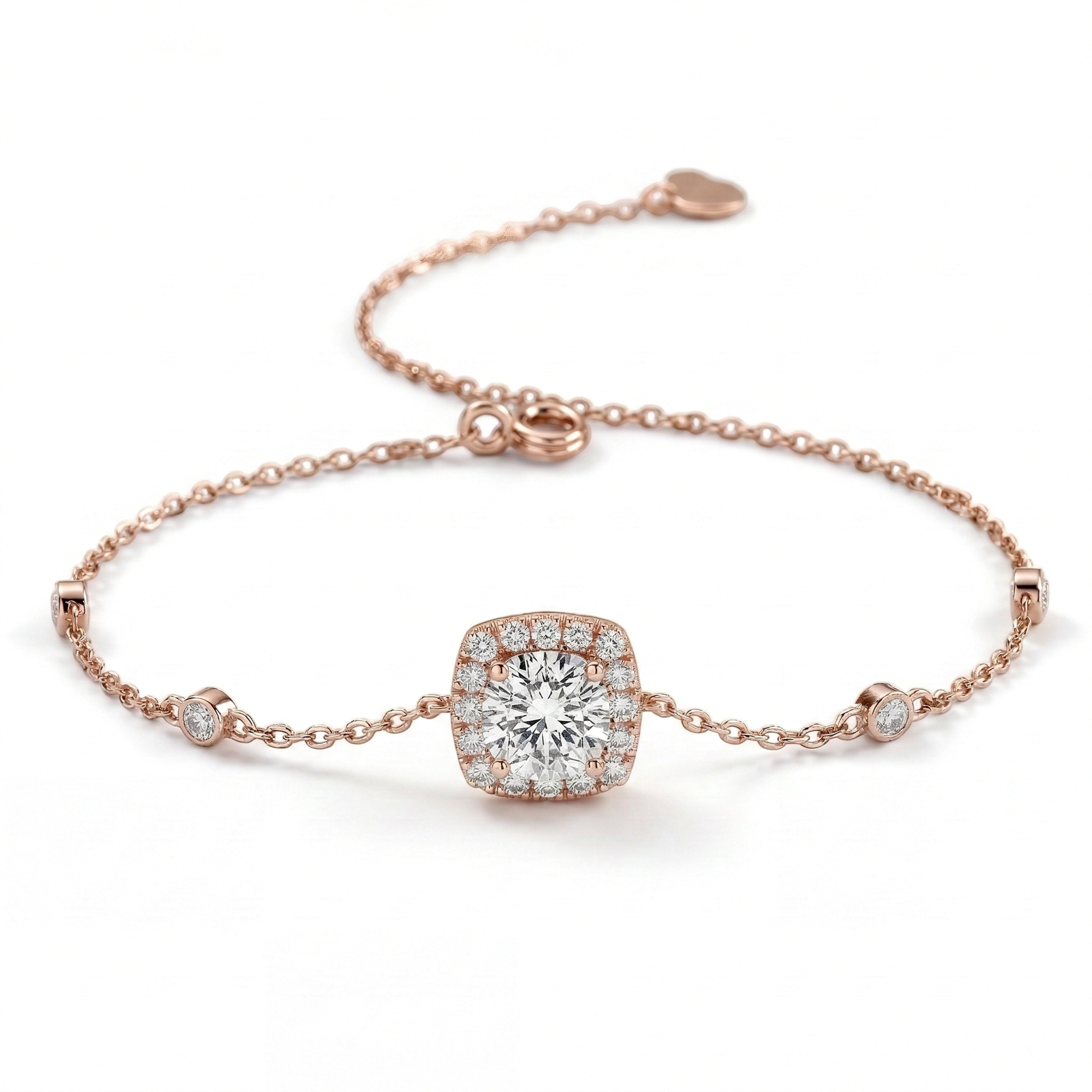 Aureline La Couronne Céleste rose gold vermeil bracelet featuring a 1.00 CT round-cut white lab-grown gem and halo.