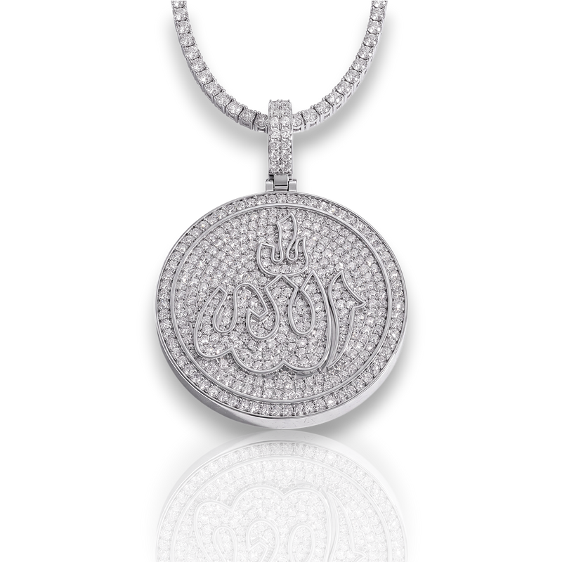 Aureline Iman necklace featuring a round pavé-set medallion with Arabic calligraphy in white gold vermeil.