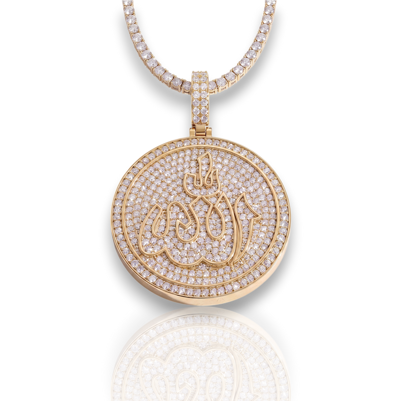 Aureline Iman necklace featuring a gold vermeil circular medallion with pavé-set white Auréline gems and Allah calligraphy.